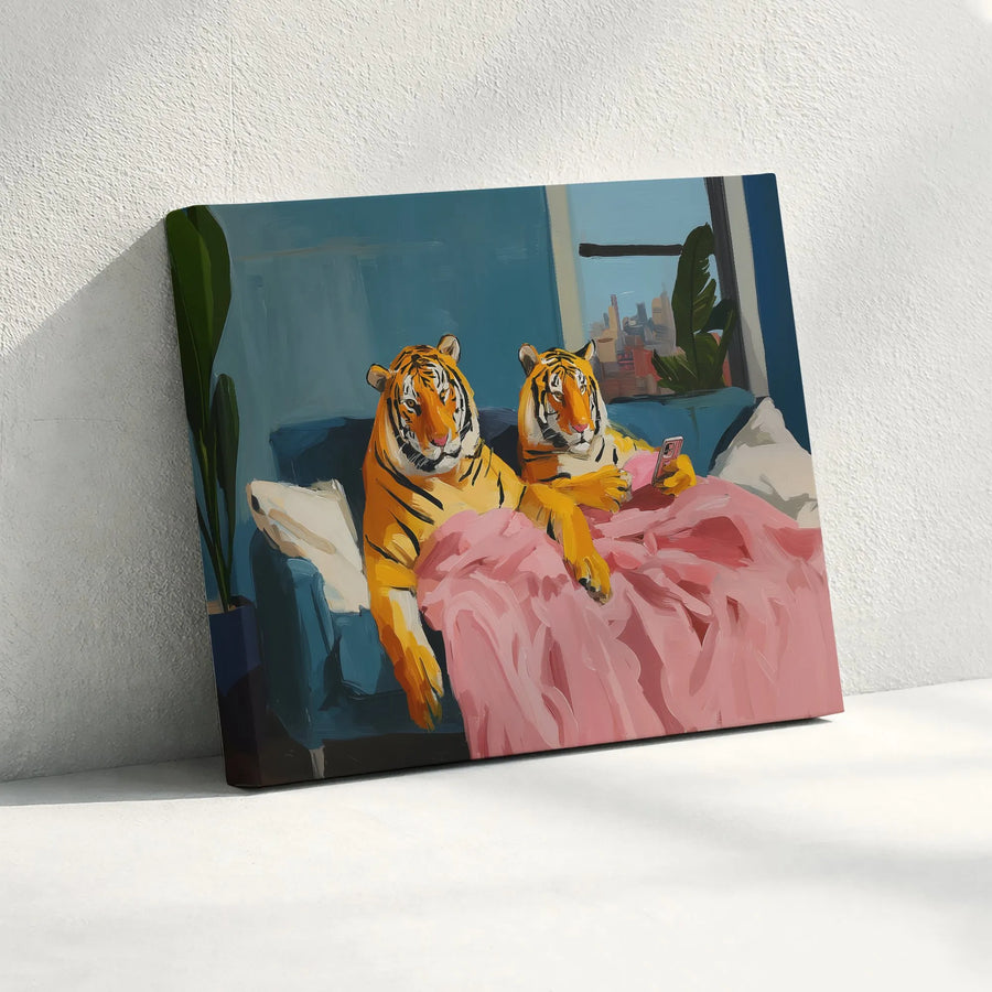 Tiger Wall Art | Two Tigers Relaxing On Sofa Digital Illustration | Premium Gallery Wrapped Canvas | Whimsical Animal Home Decor Gift