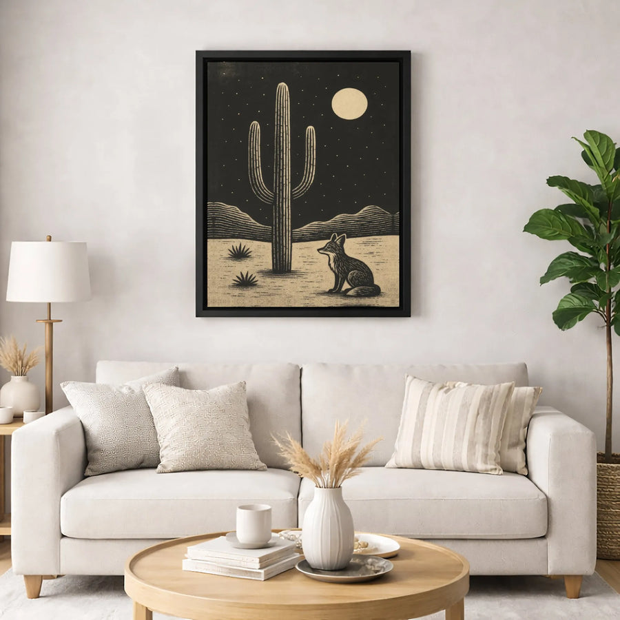 Desert Fox Canvas Wall Art | Night Saguaro Cactus Linocut Style Print | Premium Gallery-Quality Decor | Southwest Boho Gift for Home Office