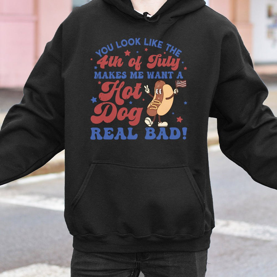 4th of July Hot Dog Hoodie | Funny Patriotic Food Graphic | Premium Cotton Blend Unisex Sweatshirt | Americana Gift for Hot Dog Lovers