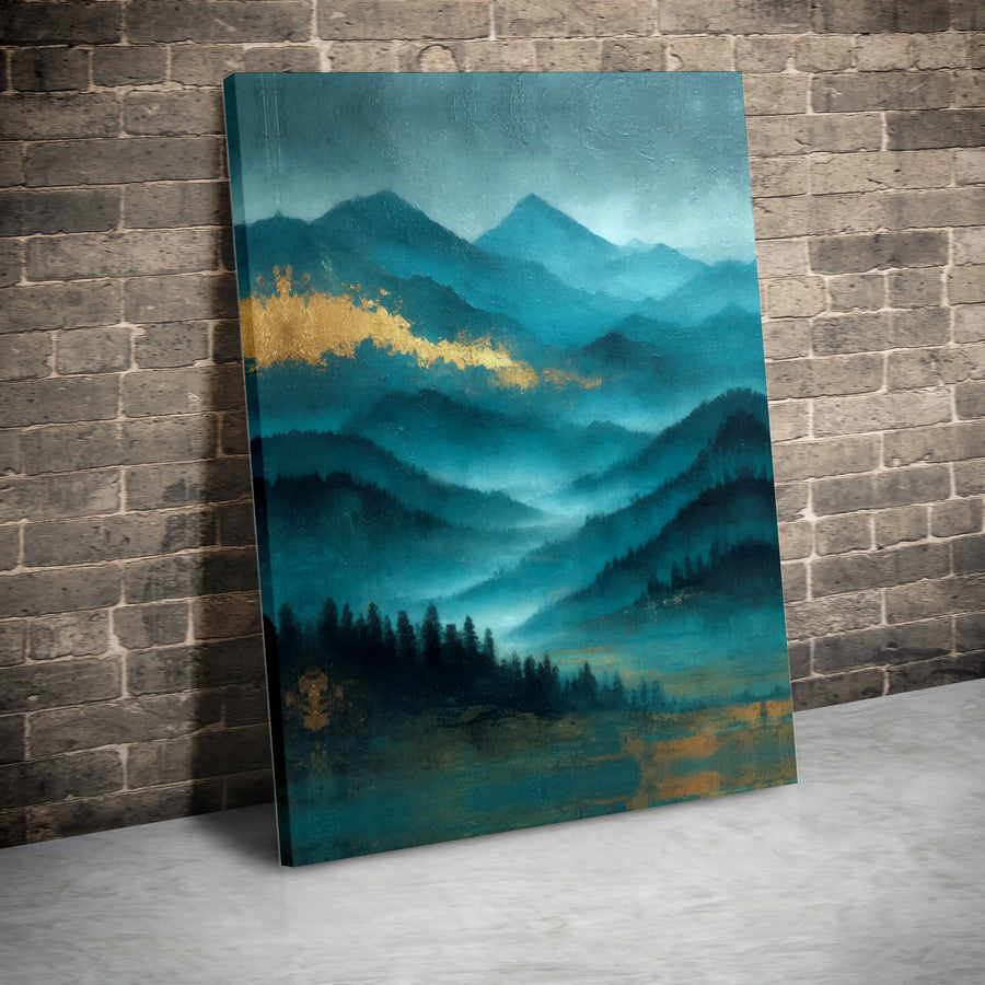 Teal and Gold Mountain Canvas Wall Art | Foggy Forest Abstract Landscape Print | Premium 1.25 Inch Gallery Wrap | Modern Home Decor Gift