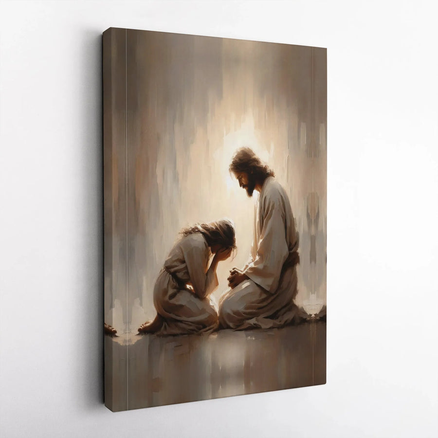 Jesus Comforting Weeping Woman Canvas | Religious Fine Art Print | 1.25-Inch Premium Gallery Profile | Spiritual Home Decor Gift