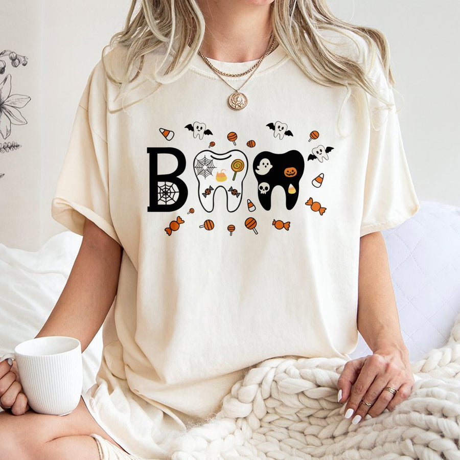 Boo Tooth Halloween T-Shirt | Funny Dental Hygienist Graphic Tee | Premium 100% Cotton | Spooky Dentist Gift for Dental Assistant