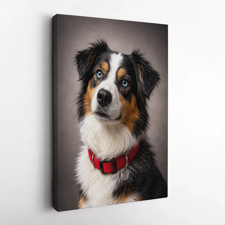 Australian Shepherd Canvas Wall Art | Realistic Dog Portrait with Blue Eyes | Gallery Wrapped Premium Canvas | Gift for Aussie Owner & Dog Lovers