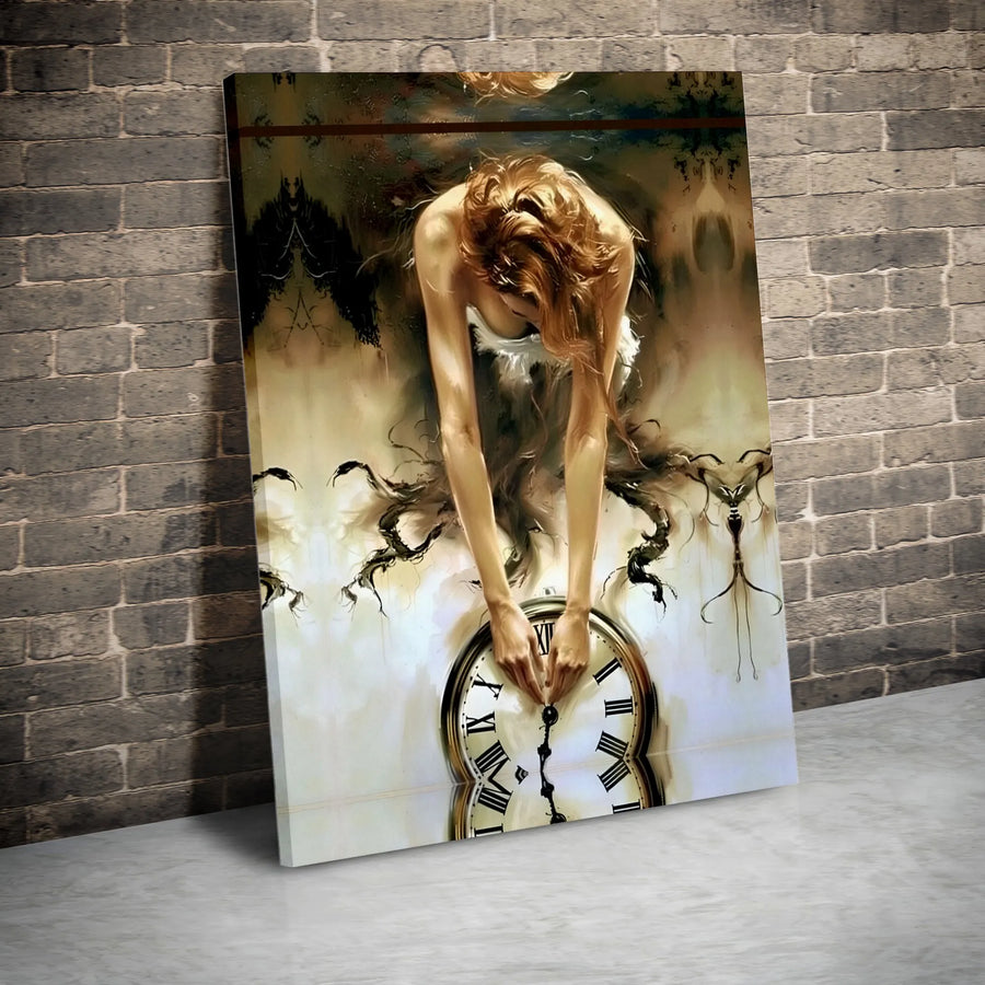 Surreal Woman With Clock Canvas Art | Abstract Time Theme Wall Decor | Gallery-Wrapped Premium Print | Sophisticated Modern Home Gift