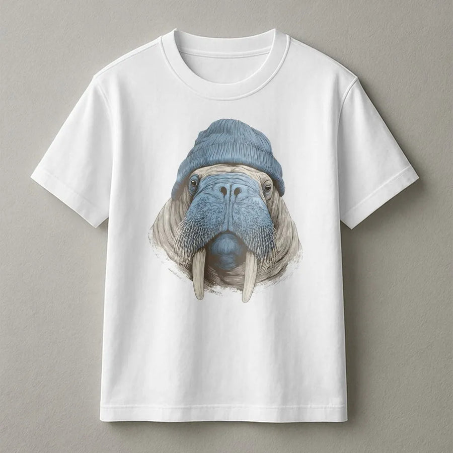 Walrus T-Shirt | Cute Arctic Animal With Blue Beanie | 100% Cotton Premium Unisex Tee | Funny Hipster Wildlife Gift For Animal Lovers