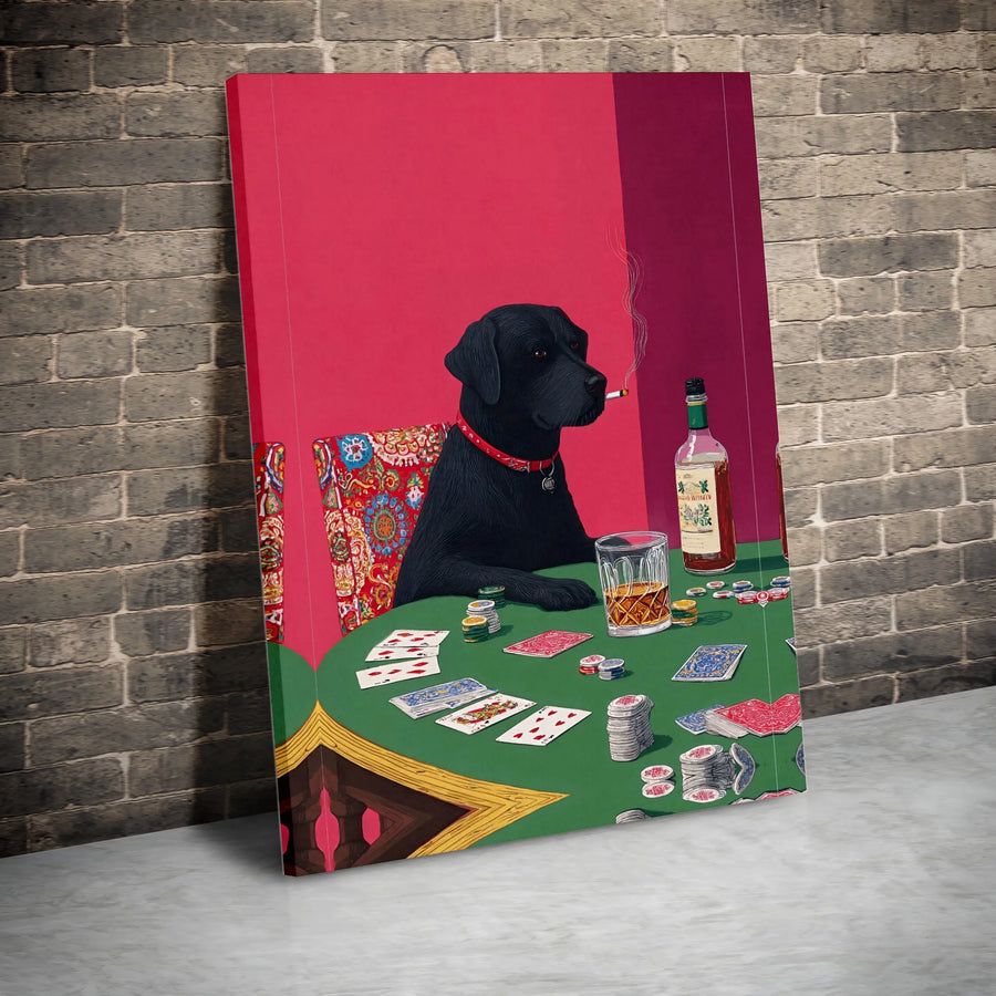 Dogs Playing Poker Canvas Wall Art | Cool Black Lab Smoking & Drinking Whiskey | Premium Gallery Wrapped Canvas | Man Cave & Game Room Decor Gift for Him