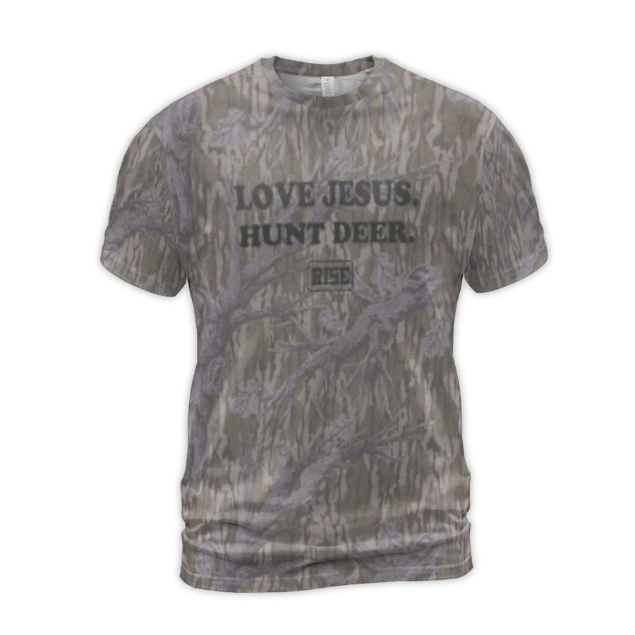 Love Jesus Hunt Deer T-Shirt | Camo Tree Pattern Graphic Tee | Premium Stretch Polyester | Religious Hunting Gift for Men & Outdoorsmen