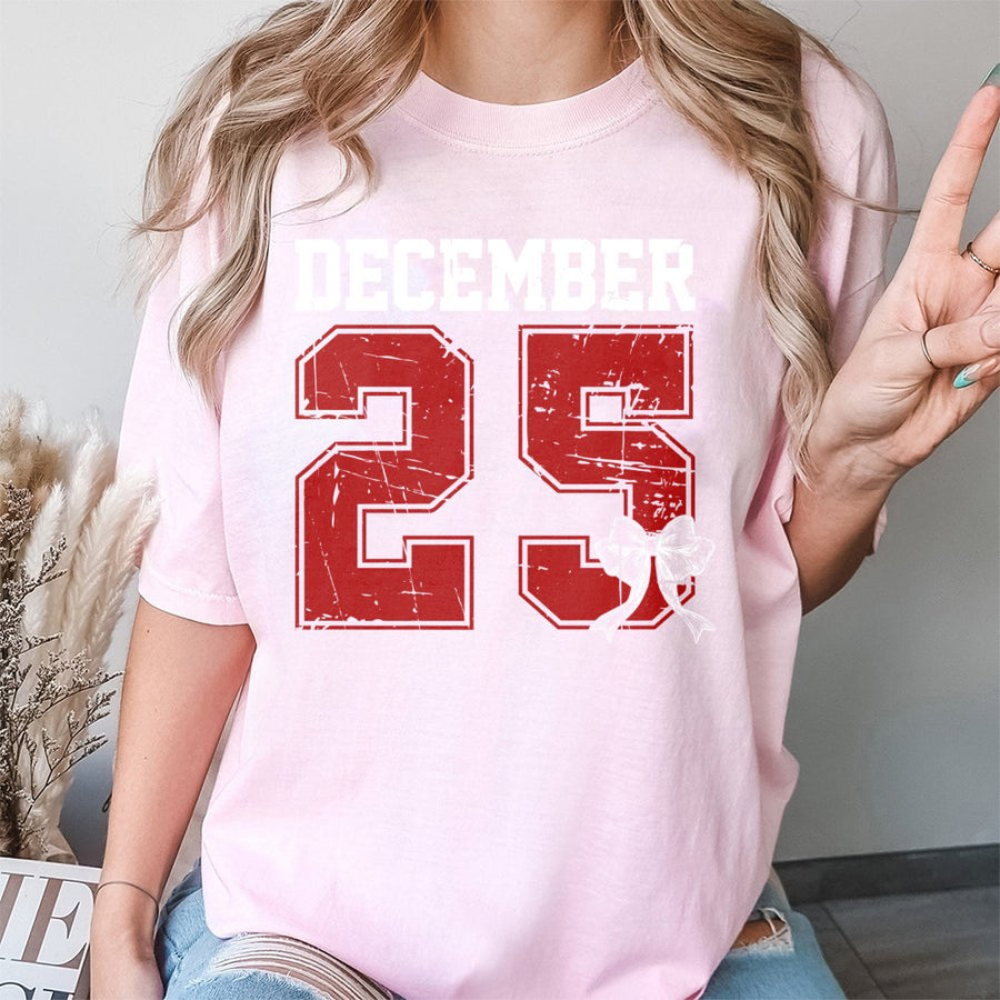 December 25 Christmas T-Shirt | Distressed Varsity Style Holiday Graphic | 100% Soft Cotton | Unisex Festive Gift for Family and Friends