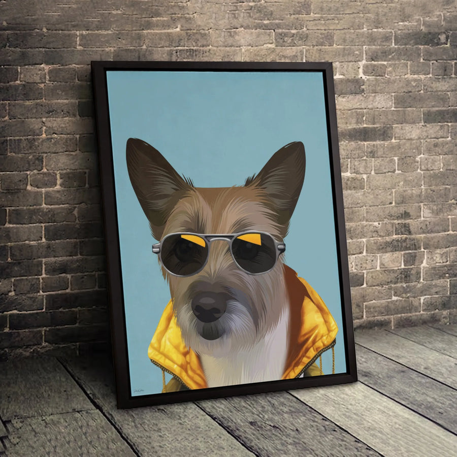 Cool Terrier Dog Portrait Canvas | Retro Aviator Sunglasses Yellow Jacket | Premium Gallery-Wrap Wall Art | Funny Pet Lover Gift Idea