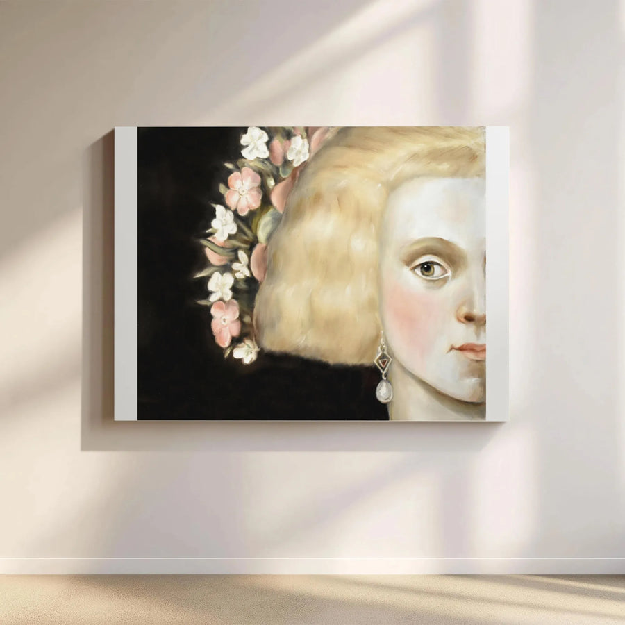 Classical Woman Portrait Canvas | Half Face Painting with Flowers | Premium Fade-Resistant Print | Vintage Style Home Decor Gift for Art Lover
