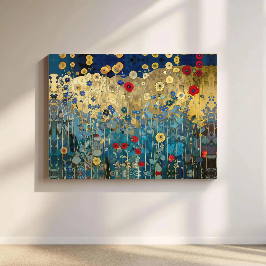 Abstract Wildflower Field Canvas | Gold Blue Floral Wall Art | Premium Gallery Wrapped Decor | Modern Nature Landscape Print for Home