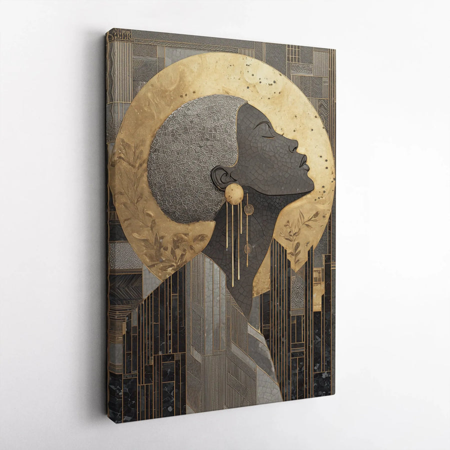 Black Woman Art Deco Canvas | Golden Halo Abstract Wall Art | Premium Gallery Wrapped Print | Sophisticated Home Decor Gift For Her