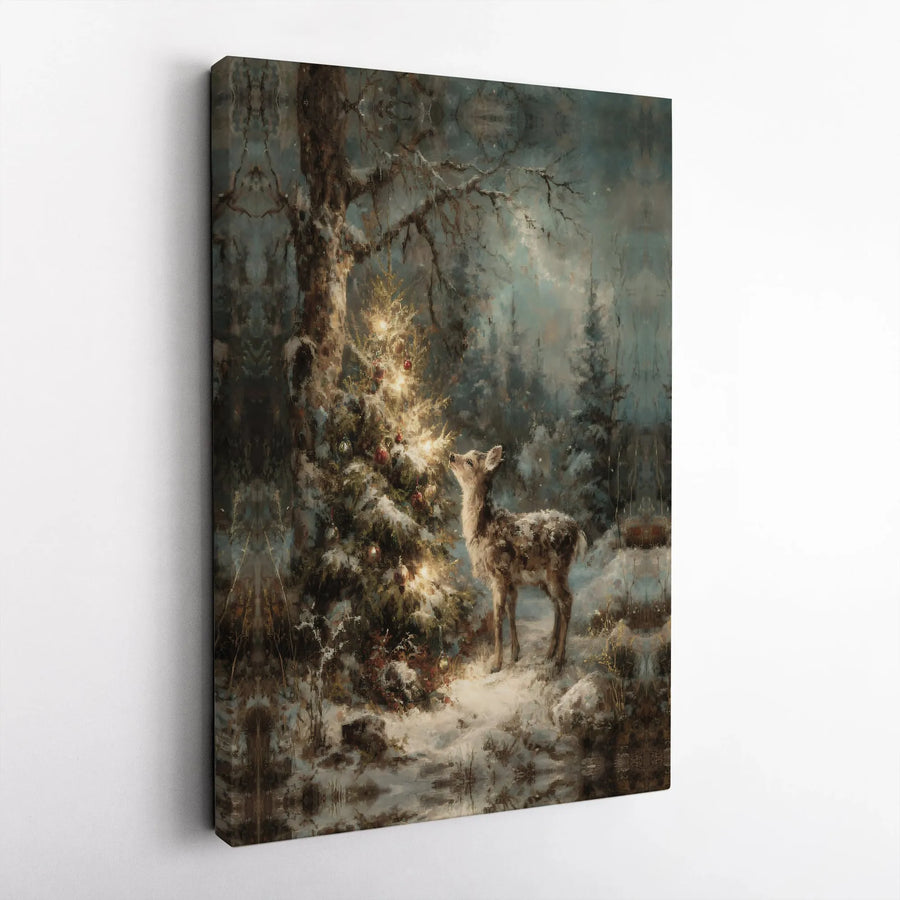 Christmas Forest Deer Canvas Wall Art | Whimsical Winter Woodland Scene | Premium 1.25-Inch Gallery Wrap | Festive Holiday Home Decor Gift