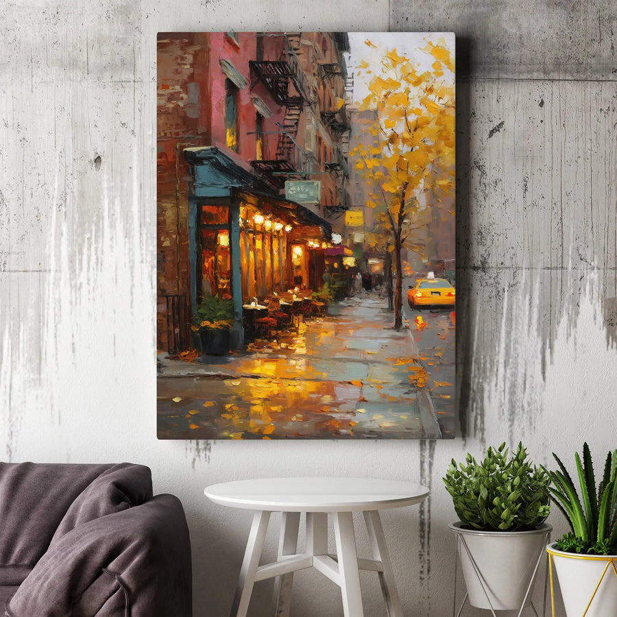 New York City Street Canvas Print | Rainy Autumn Impressionist Art | Gallery-Wrapped Premium Decor | Gift for Urban Art Lovers