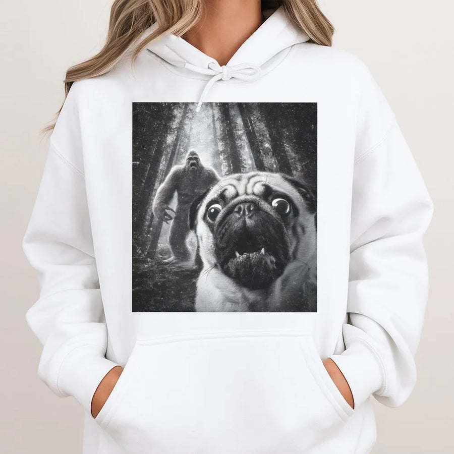 Funny Pug Bigfoot Hoodie | Retro Cryptid Dog Graphic Design | Premium Cotton Blend Sweatshirt | Unique Gift for Pug Lovers and Bigfoot Fans