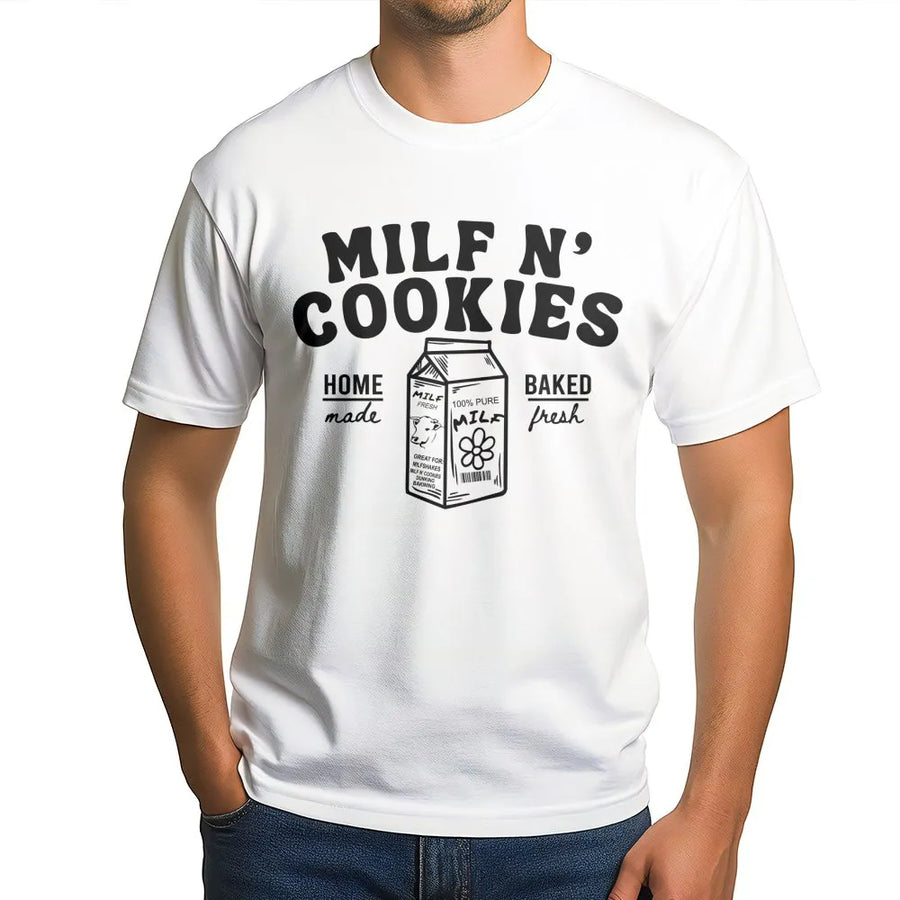Milf N Cookies T-Shirt | Funny Retro Milk Carton Graphic | Premium Soft Cotton Tee | Sarcastic Humor Gift For Moms And Friends
