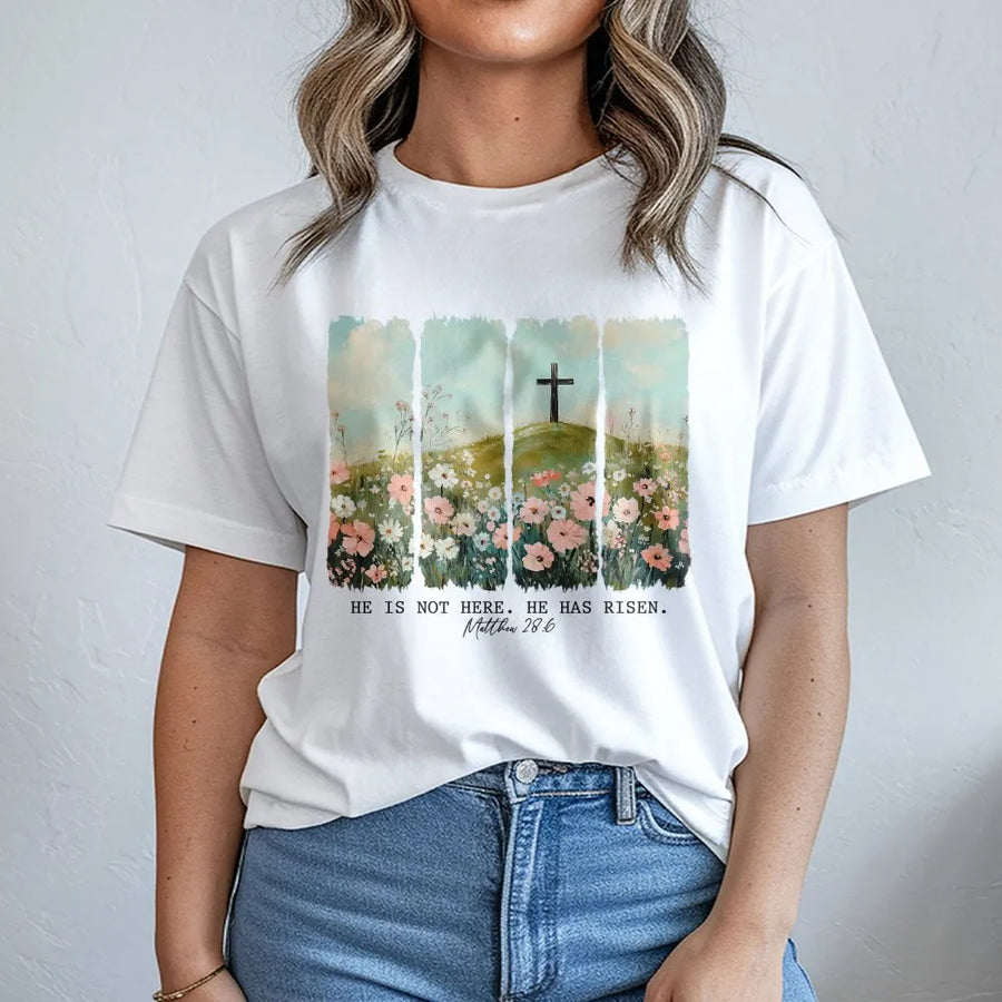 He Is Risen Christian T-Shirt | Easter Wildflower Cross Design | Premium 100% Cotton Tee | Religious Gift for Women and Men