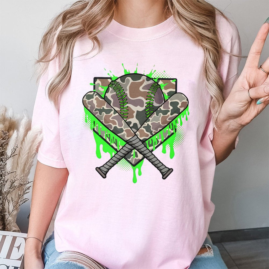 Camo Baseball T-Shirt | Neon Green Drip Graphic | Premium 100% Cotton Tee | Gift for Baseball Players and Fans