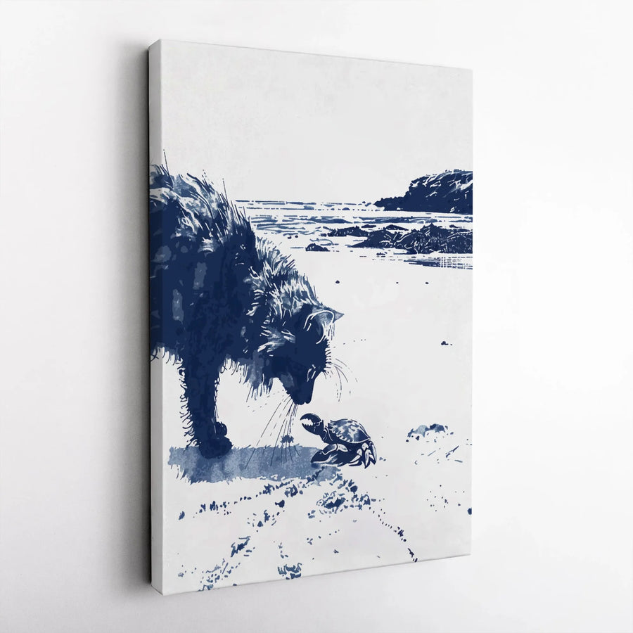 Cat and Crab Beach Canvas Wall Art | Coastal Indigo Sketch Illustration | Premium Gallery Wrap Print | Nature-Inspired Home Decor Gift