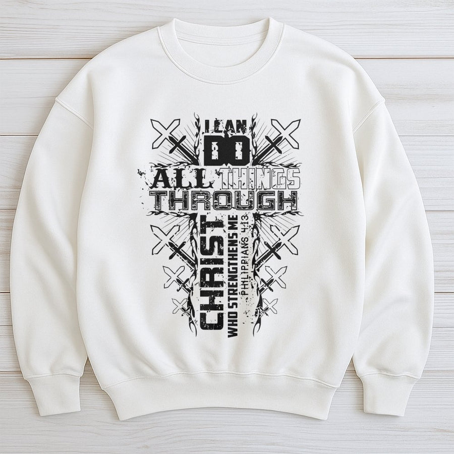 I Can Do All Things Through Christ Sweatshirt | Philippians 4:13 Bible Verse Cross Design | Premium Cotton Blend | Religious Gift For Men And Women