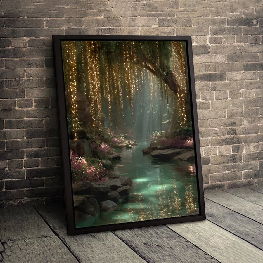 Enchanted Forest Canvas Print | Glowing Fairy Light River Landscape | Premium Gallery Wrapped Wall Art | Magical Nature Home Decor Gift