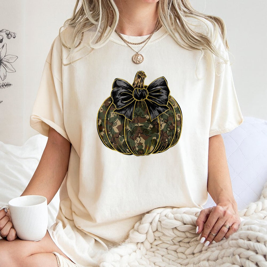 Camo Pumpkin T-Shirt | Fall Coquette Bow Graphic Tee | Premium 100% Cotton | Thanksgiving Autumn Gift For Her