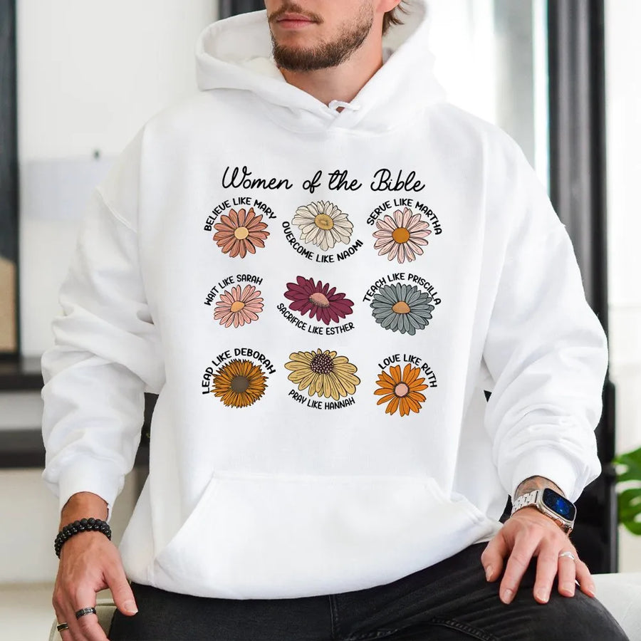 Women of the Bible Hoodie | Christian Faith Daisy Floral Design | Premium Cotton Blend | Religious Gift for Her Bible Study Group