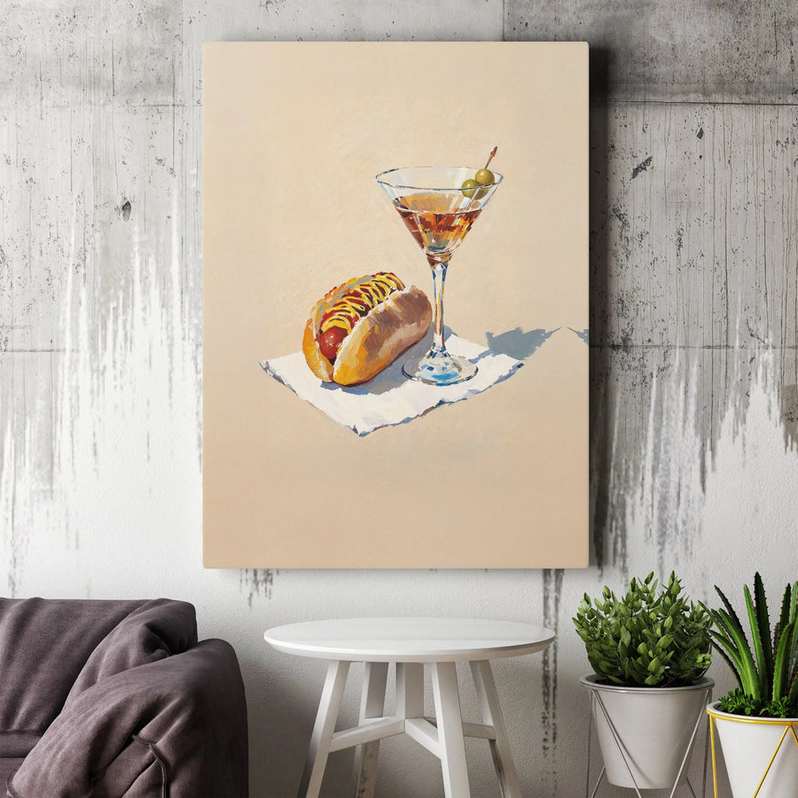 Hot Dog and Martini Still Life Canvas Art | Modern Kitchen Wall Decor | Premium Fade-Resistant Print | Quirky Food & Drink Dining Room Gift