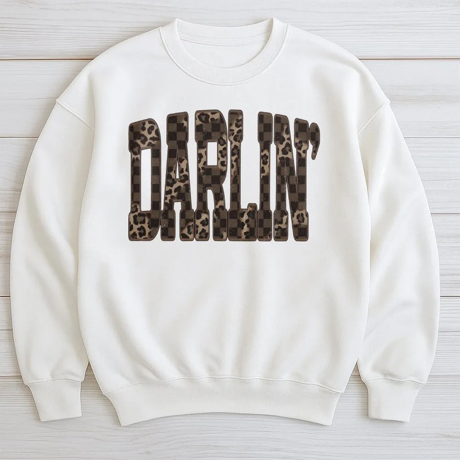 Darlin' Western Sweatshirt | Leopard & Checkered Graphic Sweatshirt | Premium Cotton-Blend | Southern Cowgirl Gift for Country Music Fans