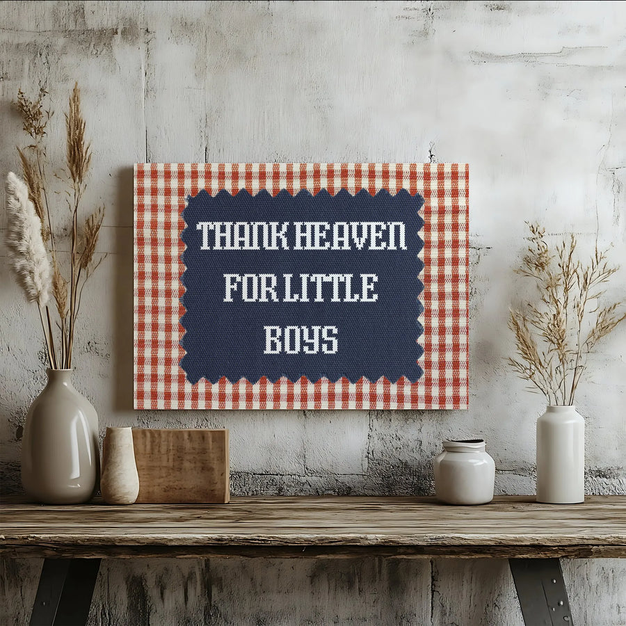 Thank Heaven For Little Boys Wall Art | Rustic Red Gingham Cross Stitch Design | Premium Gallery Wrapped Canvas | Nursery Decor Baby Shower Gift