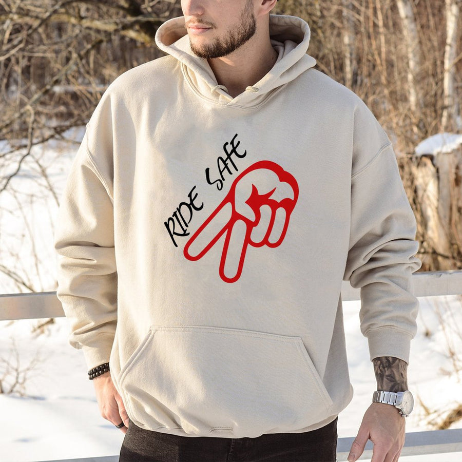 Ride Safe Motorcycle Hoodie | Biker Peace Sign Graphic Pullover | Premium Cotton Blend Fleece | Gift for Riders and Motorcyclists