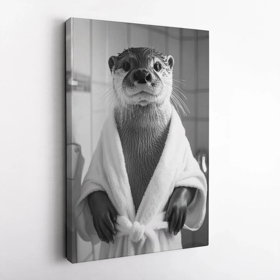 Funny Otter In Bathrobe Canvas | Whimsical Animal Bathroom Wall Art | Premium Gallery Wrap Print | Unique Gift For Animal Lovers