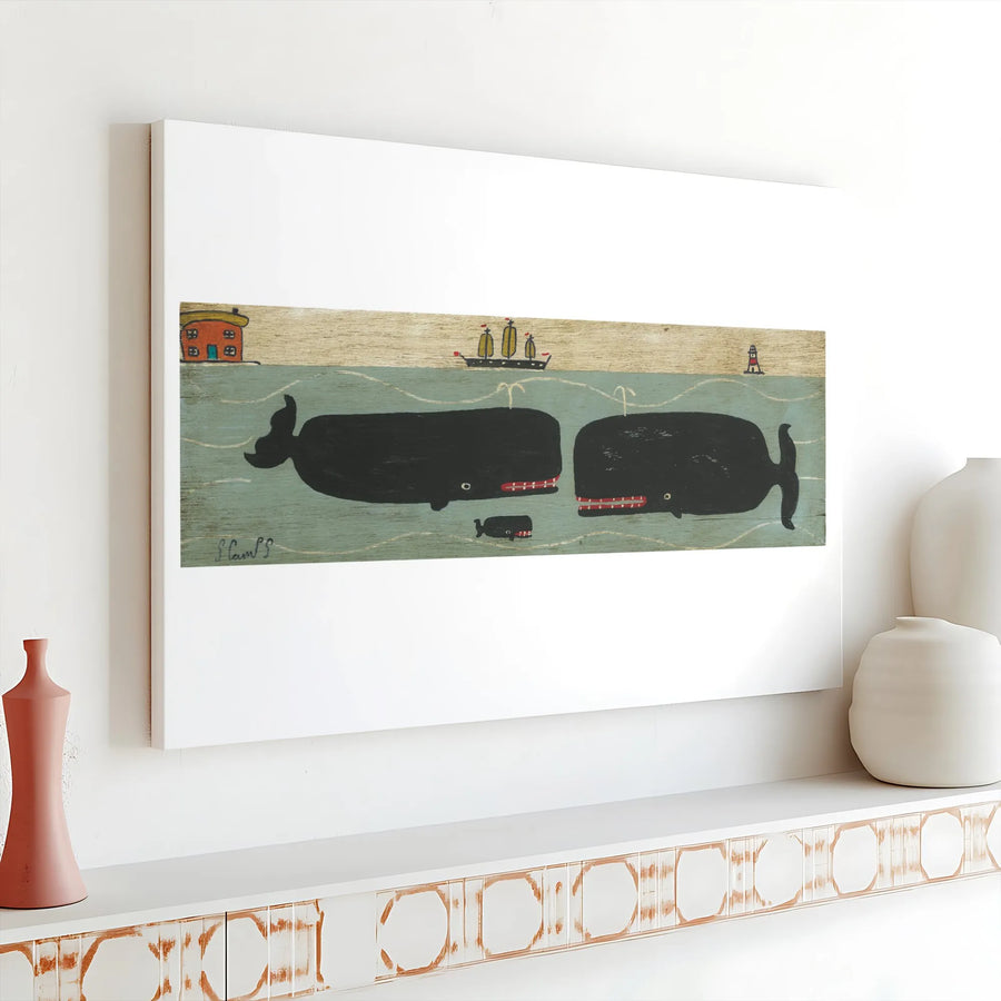 Folk Art Whale Family Canvas | Nautical Lighthouse & Ship Wall Decor | Premium 1.25 Inch Gallery Wrap | Coastal Living Room Art Gift