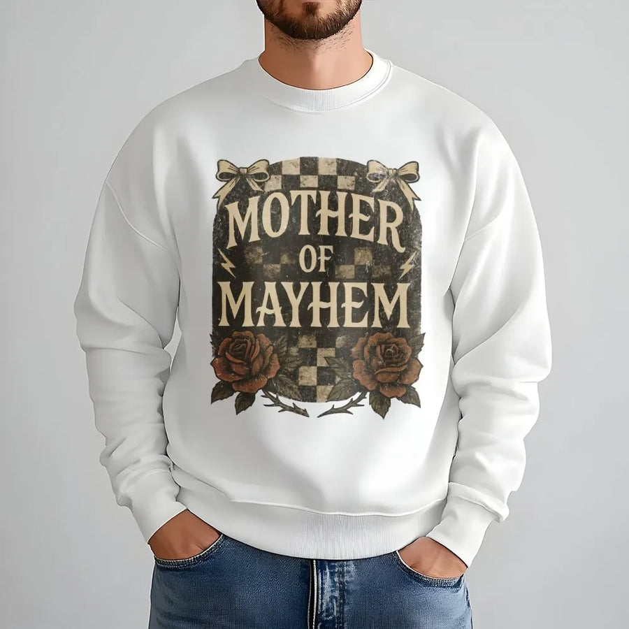 Mother Of Mayhem Sweatshirt | Edgy Rose Checkered Graphic Print | Premium Cotton Blend | Funny Trendy Gift For Tired Mom