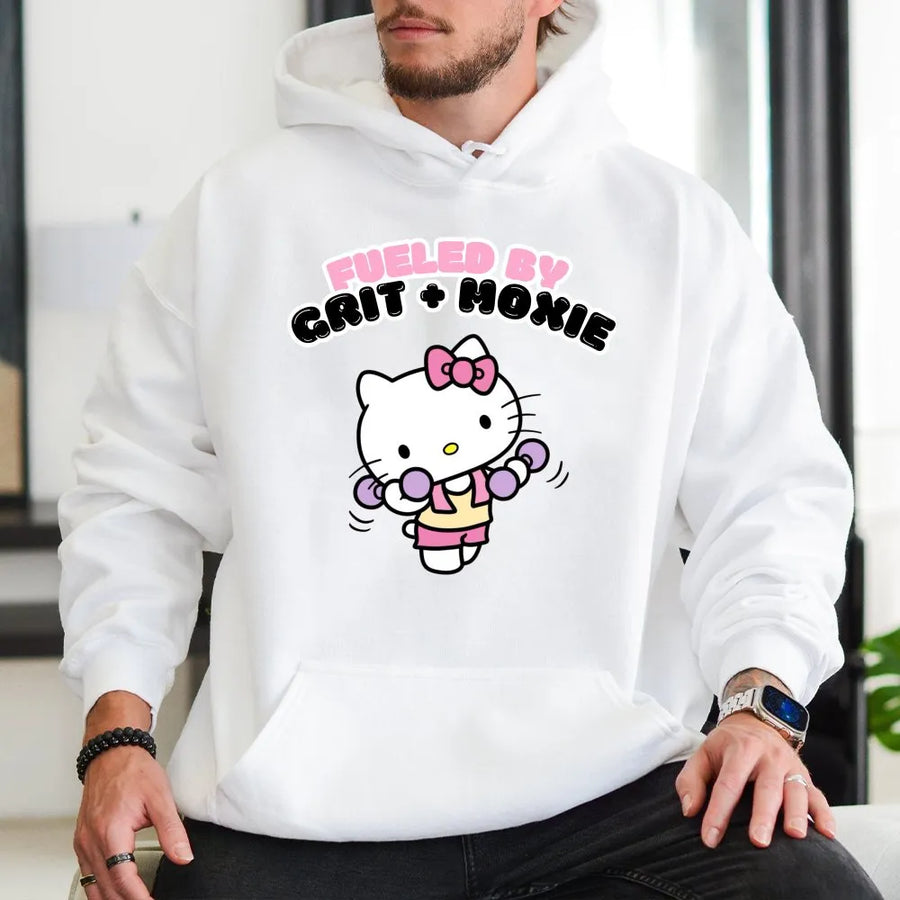Cute Cat Workout Hoodie | Fueled by Grit + Moxie Graphic | Premium Unisex Crewneck | Gift for Gym Lover