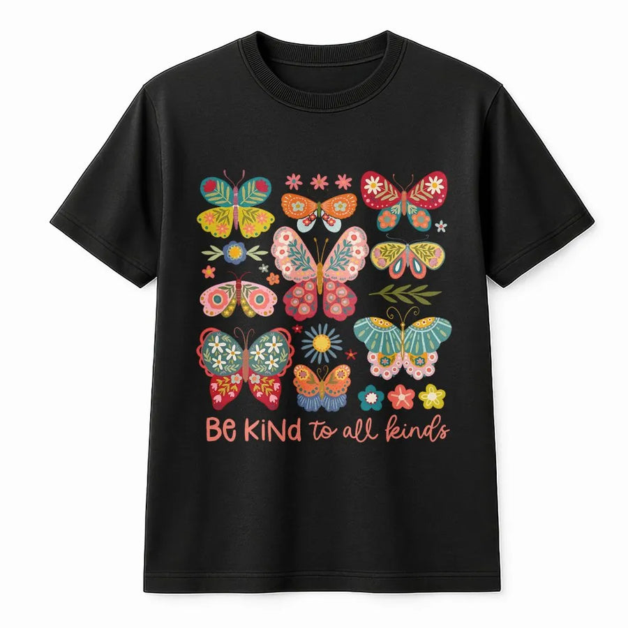 Be Kind To All Kinds Butterfly Shirt | Boho Folk Art Graphic Tee | Soft 100% Cotton | Inspirational Kindness Gift for Women