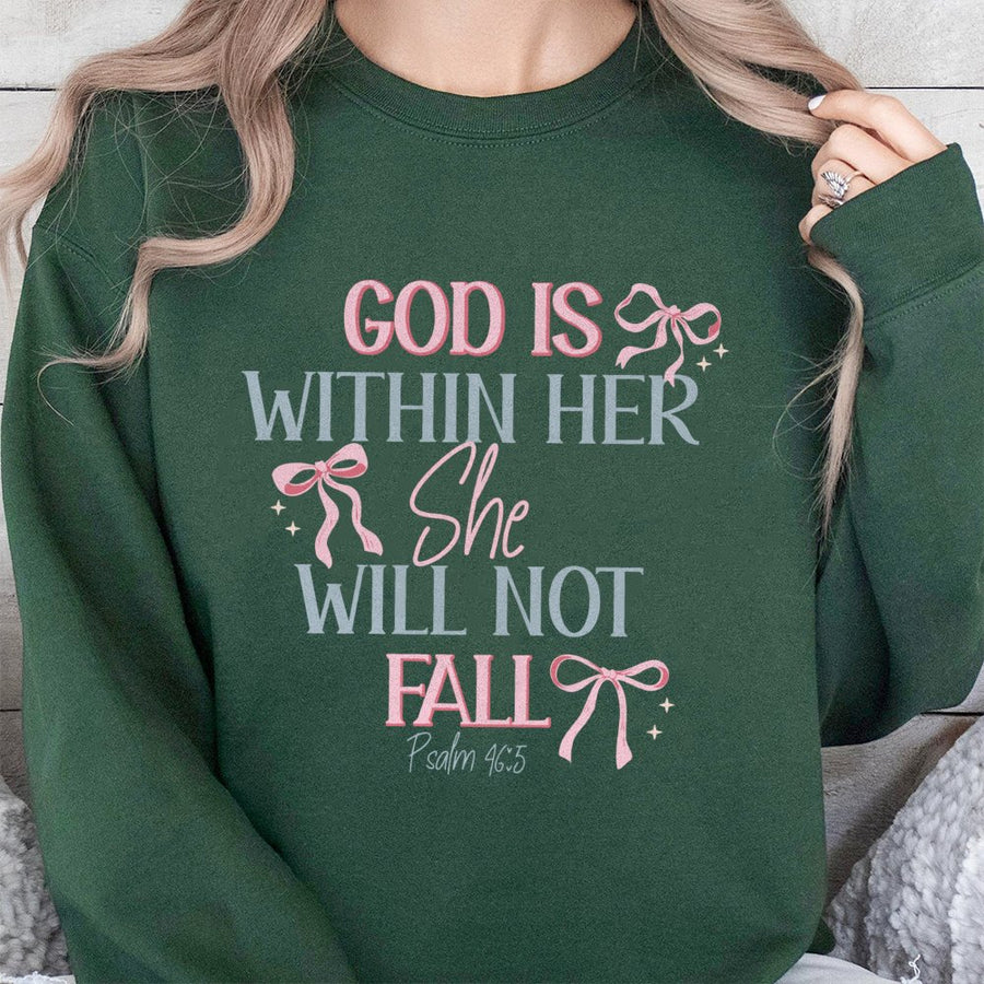 God Is Within Her She Will Not Fall Sweatshirt | Psalm 46:5 Coquette Bow Aesthetic | Premium Cotton Blend | Christian Gift for Women