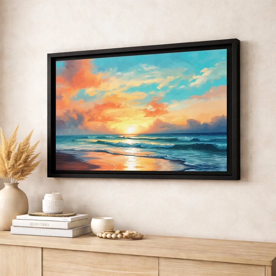 Ocean Sunset Wall Art | Vibrant Seascape With Crashing Waves | Premium Gallery Wrapped Canvas | Coastal Home Decor Gift
