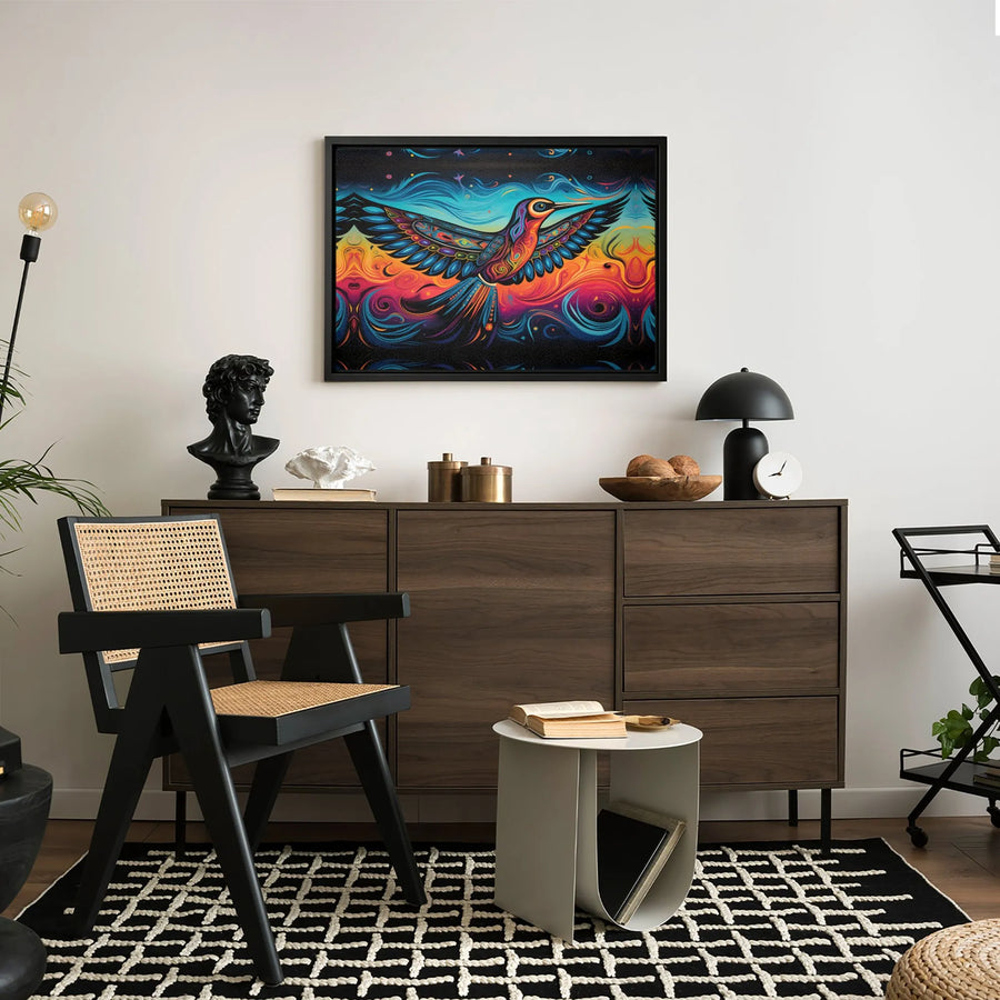 Psychedelic Hummingbird Canvas Wall Art | Vibrant Folk Art Bird Print | Premium 1.25" Gallery Wrap | Modern Home Office Decor Gift