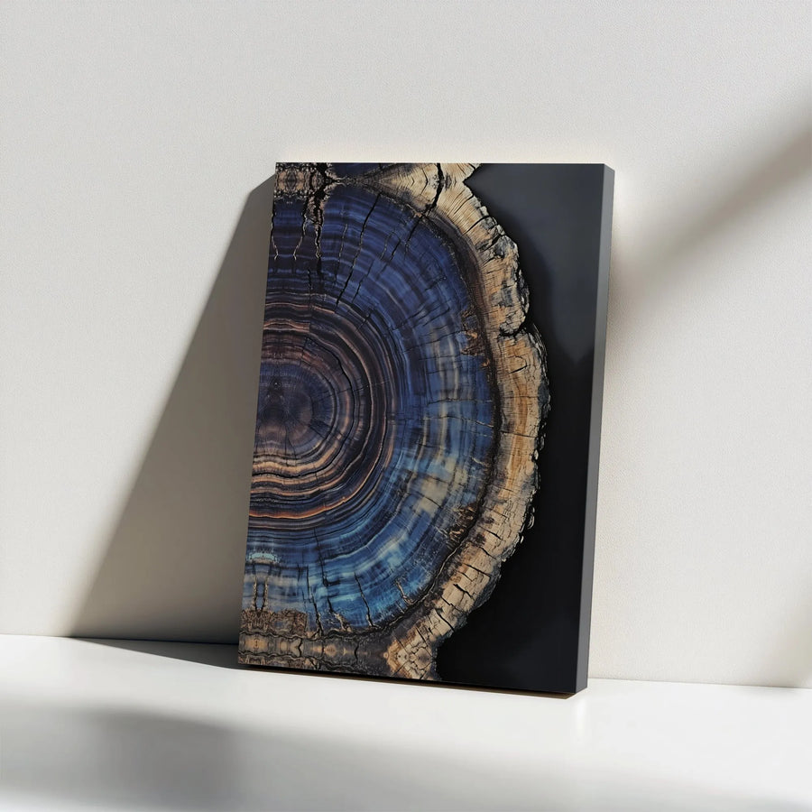 Abstract Blue Petrified Wood Canvas | Tree Ring Slice Wall Art | Premium Gallery Wrap Decor | Modern Nature Home Office Gift