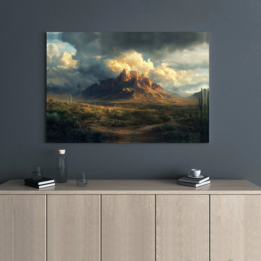 Desert Mountain Canvas Wall Art | Dramatic Stormy Landscape with Saguaro Cacti | Premium 1.25 Inch Gallery Wrap | Southwestern Home Decor Gift