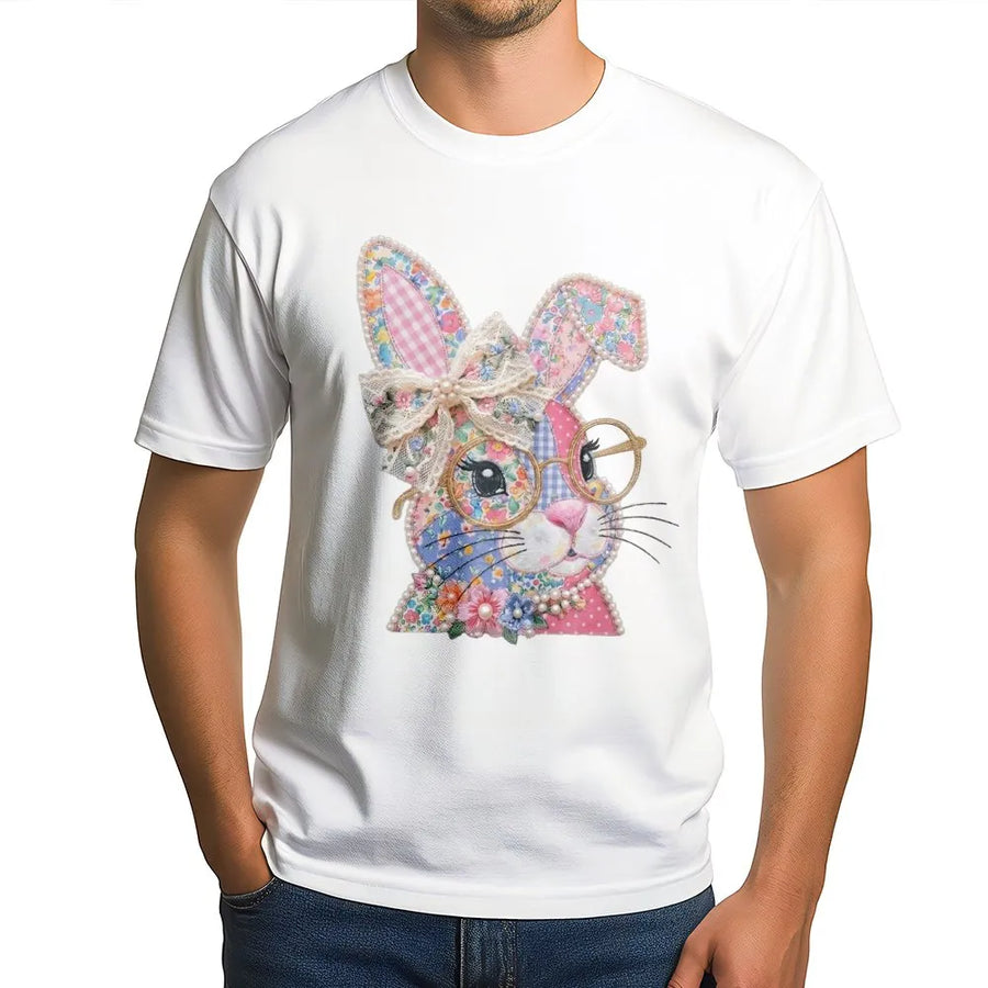 Easter Bunny T-Shirt | Floral Patchwork Rabbit with Glasses | 100% Cotton Premium Tee | Cute Spring Animal Gift for Women and Kids