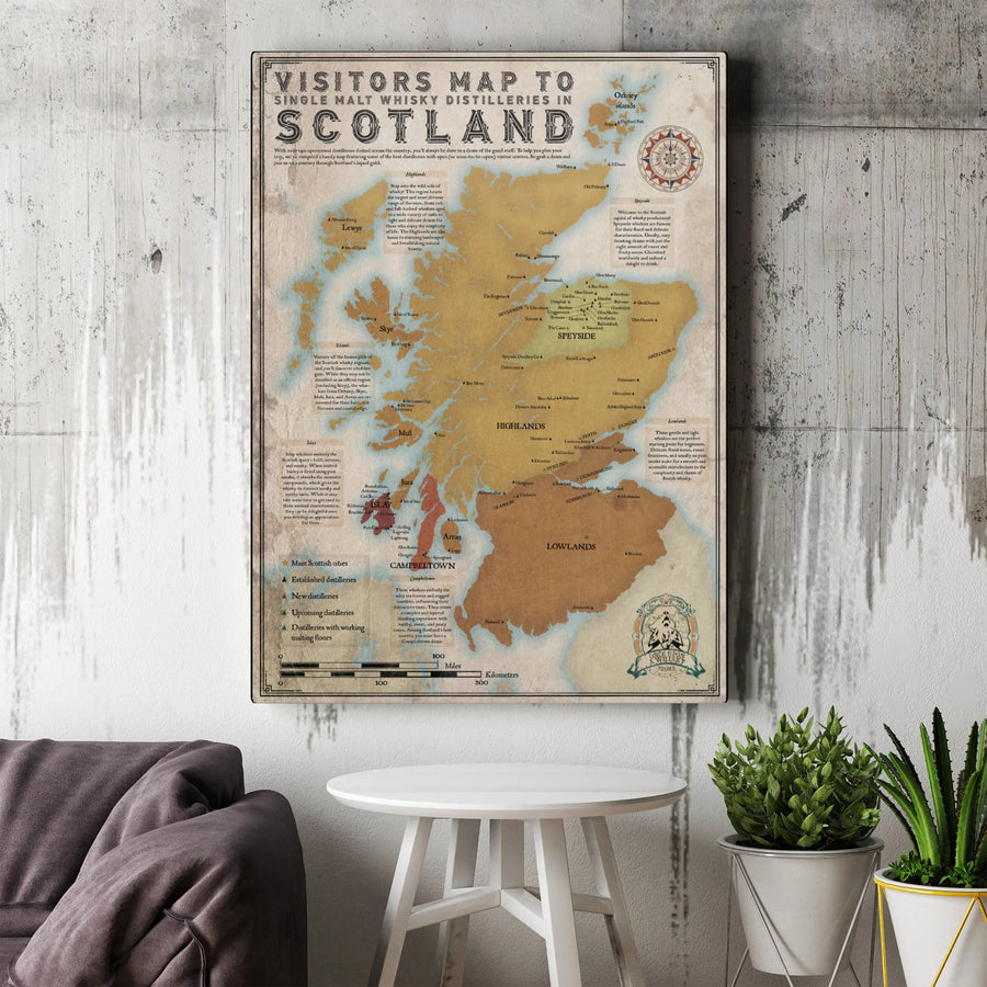 Scotland Whisky Distillery Map Canvas | Detailed Single Malt Region Guide | Premium Gallery Wrap Wall Art | Perfect Gift For Scotch Lovers