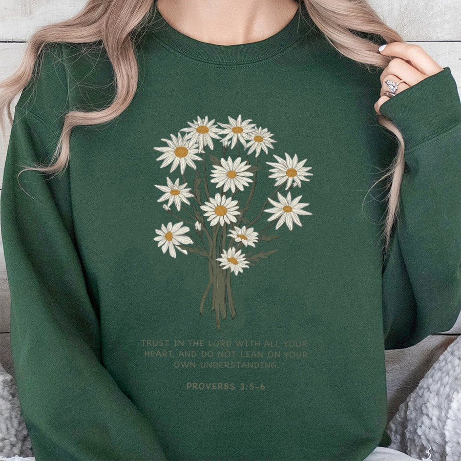 Proverbs 3:5-6 Bible Verse Sweatshirt | Floral Daisy Minimalist Christian Graphic | Premium Cotton Blend | Faith Based Gift for Women