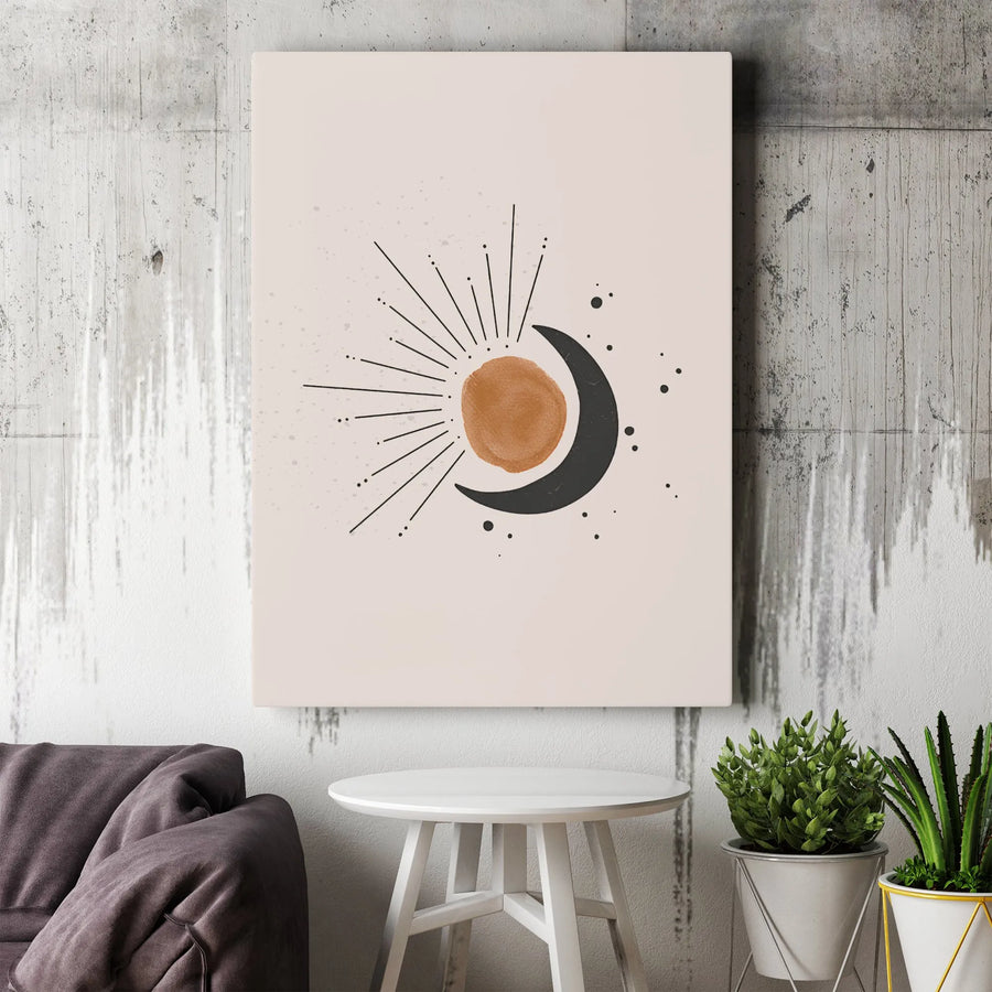 Boho Sun and Crescent Moon Wall Art | Celestial Abstract Minimalist Canvas | Premium Gallery Wrapped Decor | Modern Home Aesthetic Gift