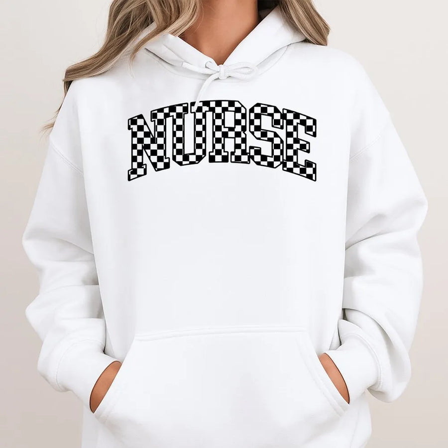 Nurse Hoodie | Checkered Text Design | Premium Cotton Blend | Graduation Gift for Registered Nurse or Student Nurse