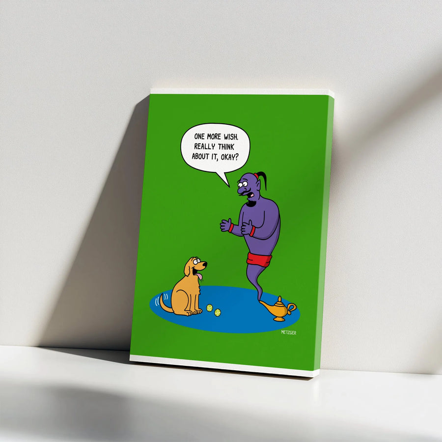 Funny Dog Cartoon Canvas Print | Genie Granting Wishes to Golden Retriever | Premium Gallery Wrapped Art | Humorous Gift for Dog Lovers