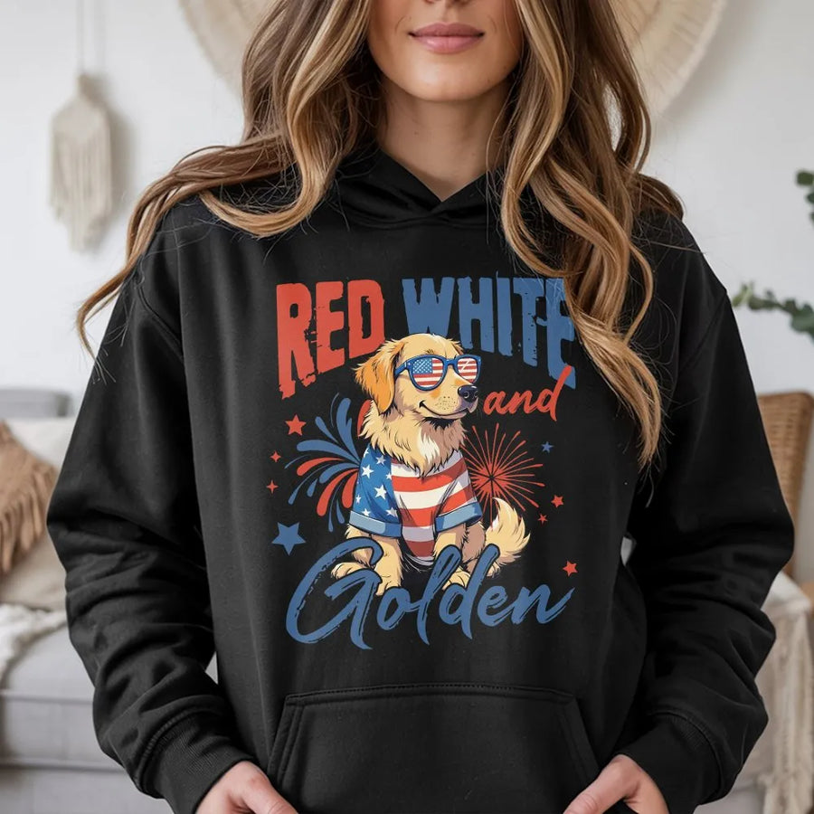 Red White and Golden Hoodie | Patriotic Golden Retriever USA Flag Design | Soft Cotton Unisex Tee | Independence Day Gift for Dog Mom