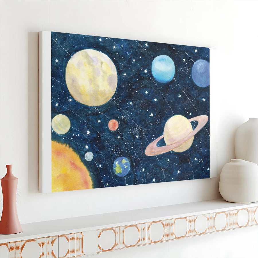Solar System Canvas Wall Art | Watercolor Planets Illustration | Premium Gallery Wrapped Canvas | Kids Room Decor Gift