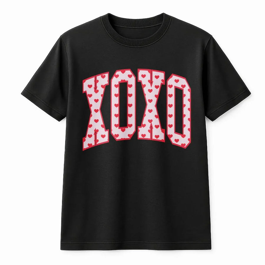 XOXO Valentine T-Shirt | Varsity Letter Hearts Graphic | Premium Soft Cotton Tee | Cute Romantic Gift for Her & Couples